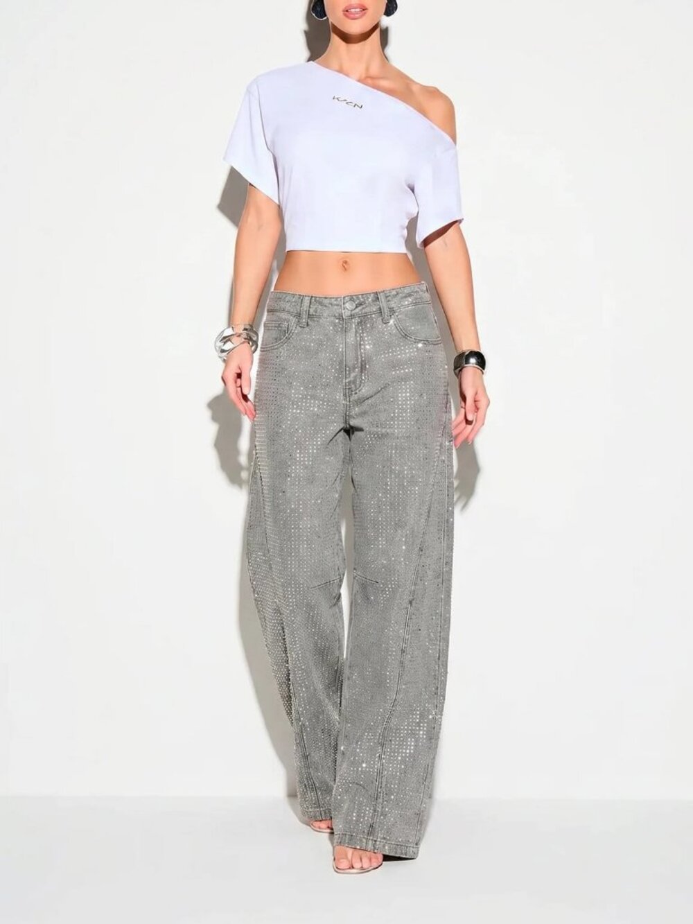 Grey Casual Women's Sparkling Crystal Hotfix Wide Leg Jeans